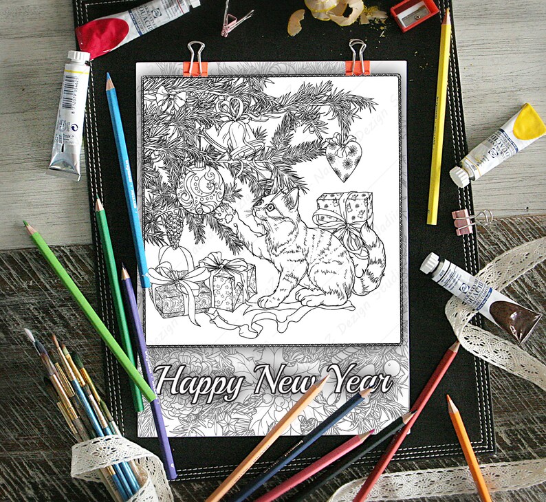 May include: A black and white coloring page featuring a cat reaching for a Christmas ornament hanging from a decorated tree. The text "Happy New Year" is at the bottom of the page.
