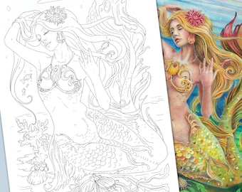 Fantasy portrait of a  mermaid girl. PDF Coloring page, Printable Coloring page, Adult Coloring page, Digital Download