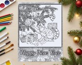 New Year Cat Coloring Page: Adult Printable (PDF)