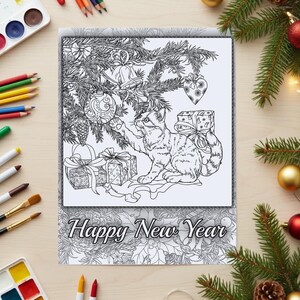 New Year Cat Coloring Page: Adult Printable (PDF) image 1