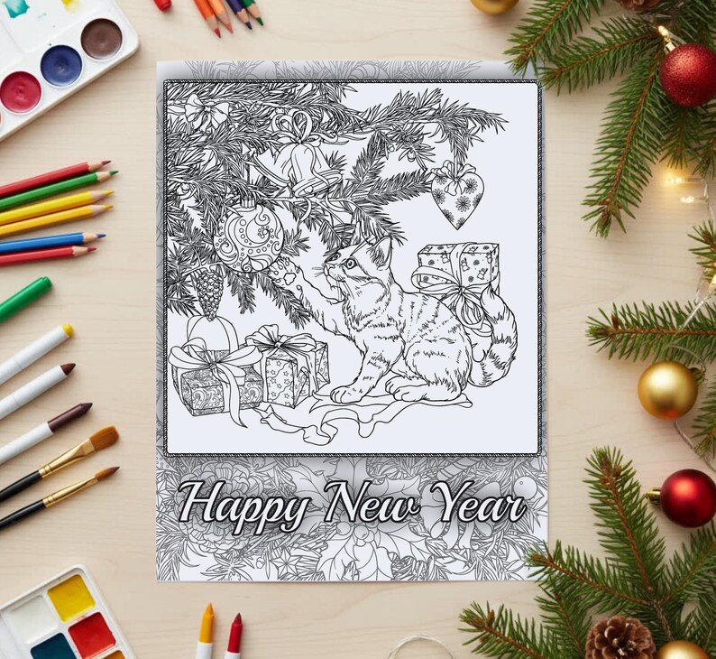 New Year Cat Coloring Page: Adult Printable (PDF) image 1