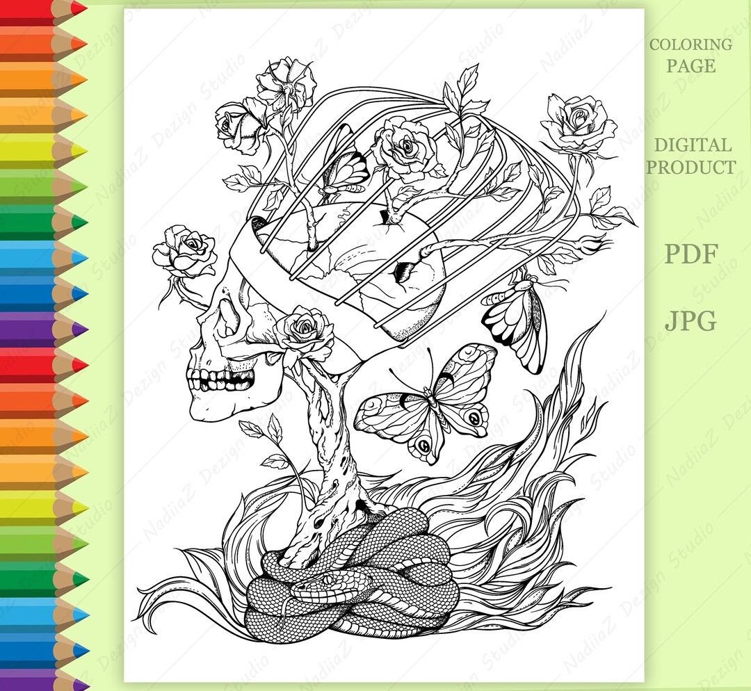 Coloring Page of Illustration With Skull, Snake, Butterflies and ...