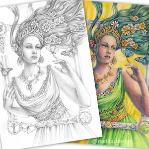 Adult grayscale coloring page of portrait of Goddess of Spring, PDF, Printable, Digital Download