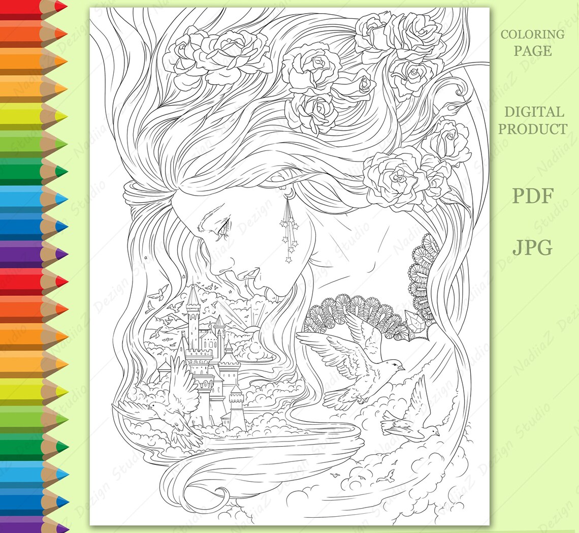 Fantasy Coloring Page With Portrait of Girl in Dreams. PDF | Etsy