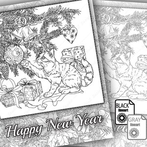 May include: A black and white line art illustration of a cat sitting under a Christmas tree with presents and ornaments. The text "Happy New Year" is written at the bottom of the image.