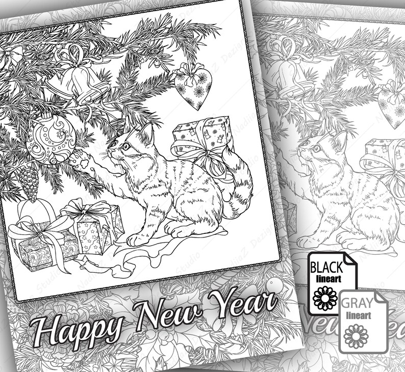 May include: A black and white line art illustration of a cat sitting under a Christmas tree with presents and ornaments. The text "Happy New Year" is written at the bottom of the image.