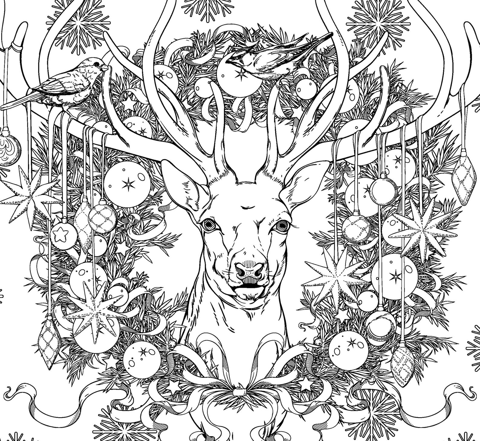 Christmas Coloring Page With Deer PDF Printable Coloring - Etsy