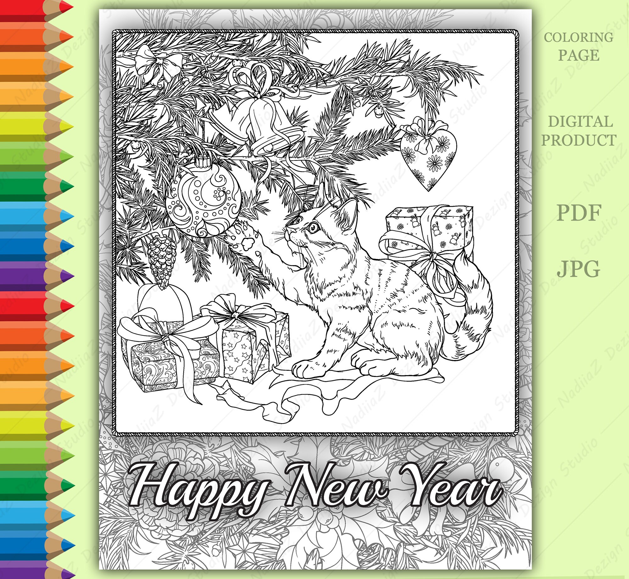 New year coloring page with cat Adult Coloring page PDF | Etsy