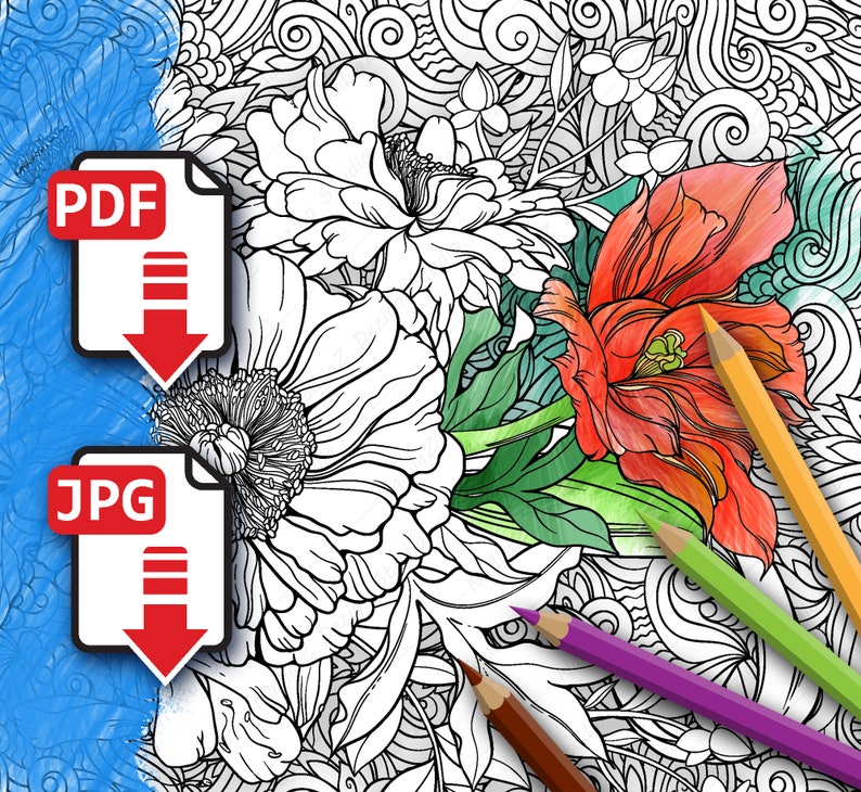 Download Adult botanical coloring page with summer flowers PDF | Etsy