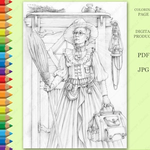 Adult Coloring page of grayscale portrait of witch woman with  broom. PDF, Printable, Digital Download