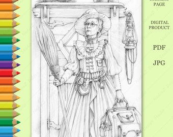Witch Portrait Coloring Page: Grayscale Fantasy Art (PDF, JPG)