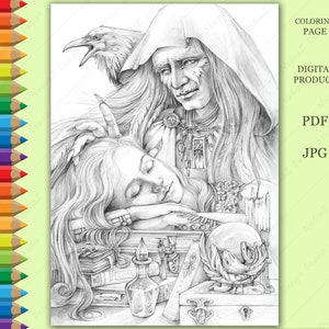 Adult Coloring page of grayscale portrait of a sorcerer next to  the sleeping girl. PDF, Printable, Digital Download