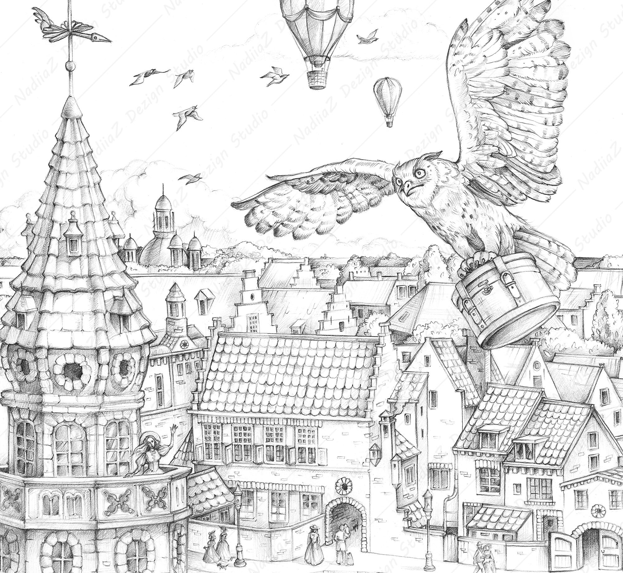 Adult Coloring Page of the Grayscale Magic City. PDF - Etsy