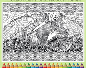 Adult fantasy coloring page of dragon, PDF Coloring page, Printable Coloring page,  Digital Download