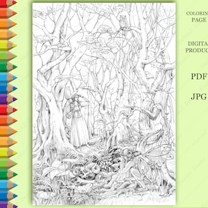 Adult Coloring page of grayscale of witch girl in a magical forest. PDF, Printable, Digital Download.