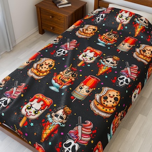 Horror Ice Cream Velveteen Plush Blanket, throw blanket, halloween, spooky season, summerween, fall blanket, horror blanket, spooky blanket