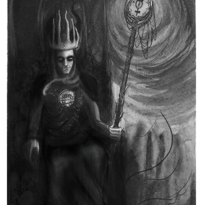 May include: A grayscale illustration of a figure wearing a crown and robe, holding a staff with a circular emblem. The artwork has a dark, gothic aesthetic, with the word "INKTOBER" at the bottom left.