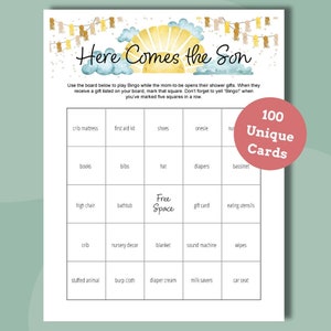 Hier komt de zoon bingospel babyshower | Bingokaarten kraamcadeau + blanco bonuskaart | Afdrukbare babyshowergames voor grote groepen