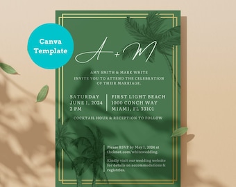 Tropical Wedding Invitation Template, Green Palm, Gold Art Deco (Digital Download)