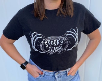 Spooky Season Crop Top | Halloween Skeleton Hands Graphic Tee
