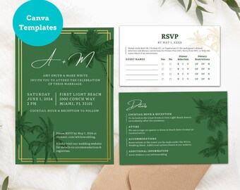 Tropical Wedding Invitation Template Bundle, Green Palm Design (Digital Download)