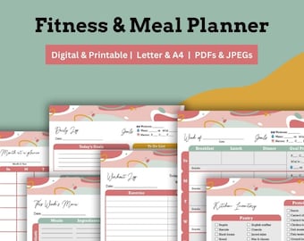 Digital Fitness & Meal Planner | Printable Food, Exercise Tracker (A4, Letter)