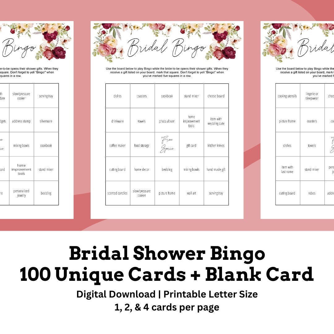 Printable Bridal Shower Bingo Set of 100 Cards Blank Template Wedding Bridal Shower Gifts Game ...