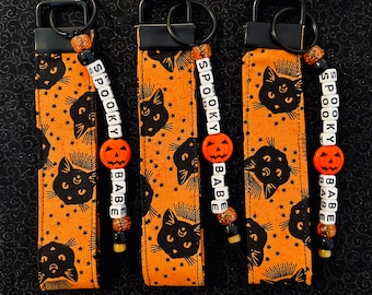 Black cat spooky mystic Halloween fabric keychain wristlet mini lanyard key fob beaded keychain