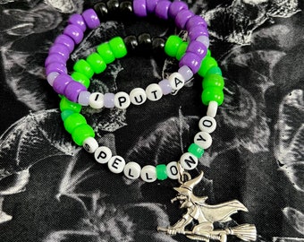Handmade Halloween beaded bracelets set of 2 witch charm accessories