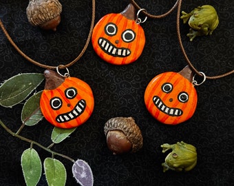 Grinning pumpkin handmade clay pendant necklace vintage style over the garden wall inspired