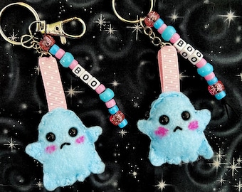 Sad blue ghost kawaii boo felt plush keychain accessories beaded keychain