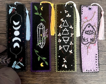 Handmade felt embroidered witchy Wicca bookmarks moon phase element crystal