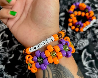 Handmade Halloween flower kandi cuff bracelets set of 2 fall fashion accessories beaded jewelry