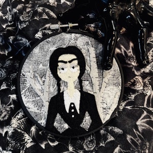 Hand stitched Wednesday Addams inspired embroidery, hoop felt wall hanging decor