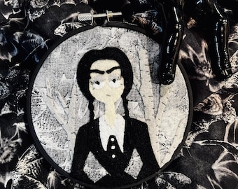 Hand stitched Wednesday Addams inspired embroidery, hoop felt wall hanging decor