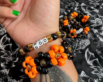 Handmade Halloween kandi flower cuff beaded bracelets set of 2 spooky accessories beaded jewelry