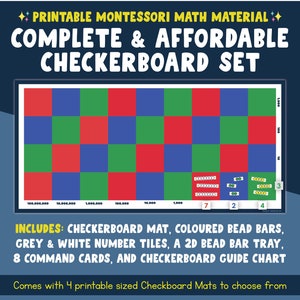 Tapis de maths imprimable Montessori damier avec cartes de tâches et barres de perles