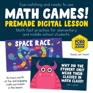 Könnte beinhalten: Eine digitale Lektion für Grundschüler und Mittelschüler mit einem Weltraum-Rennen-Spielbrett und einem Monster, das eine Brille trägt. Der Text "Dies ist eine PCHQ-Fertigstunde" befindet sich in einem gelben Kreis. Der Text "Warum trug der Schüler seine Brille nur im Mathematikunterricht?" befindet sich in einem rosa Rechteck. Der Text "Weltraum-Rennen" befindet sich in einem blauen Kreis. Der Text "Bereit, fertig, los!" befindet sich unter dem gelben Kreis. Der Text "Erraten Sie!" befindet sich unter dem rosa Rechteck.