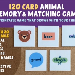 Gioco di abbinamento di ricordi di animali con nomi collettivi, nomi di bambini e suoni