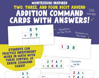 Printable Static and Dynamic Addition Command Cards | Montessori Math Material | Addition | Elementary Math Resource | Answers Included