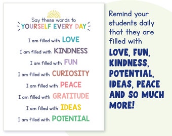 Affirmation Poster for Kids | "I Am Filled With” | Growth Mindset Print | Wall Art