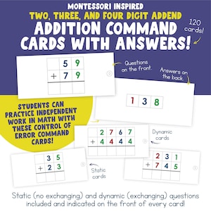Schede comandi addizionali statiche e dinamiche stampabili, materiale per la matematica Montessori, complemento, risorsa per la matematica elementare, risposte incluse