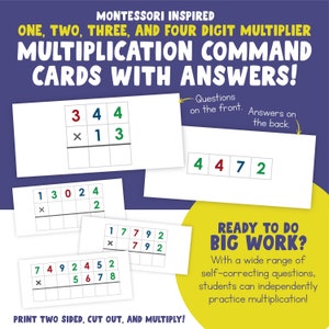 Tarjetas de comando de multiplicación imprimibles / Material matemático Montessori / Multiplicación / Recurso elemental / Respuestas incluidas