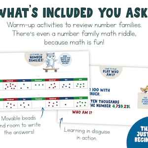 May include: A colorful educational game for kids featuring a cat and a dog illustration. The game includes activities to review number families and a math riddle. The text on the game says "Let's work on number families!" and "Time to play who am I?"