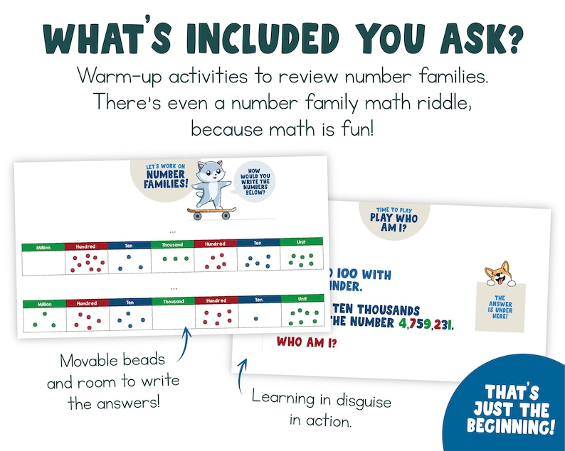 May include: A colorful educational game for kids featuring a cat and a dog illustration. The game includes activities to review number families and a math riddle. The text on the game says "Let's work on number families!" and "Time to play who am I?"