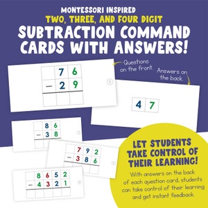 Cartões de comando de subtração estática e dinâmica para impressão | Material de matemática Montessori | Subtração | Recurso de matemática elementar | Respostas incluídas