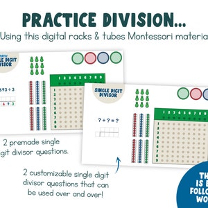 May include: A printable worksheet for practicing single-digit division using a Montessori method. The worksheet features two pre-made division problems and two customizable problems. The worksheet includes a visual representation of the division problems using colored beads and a grid.