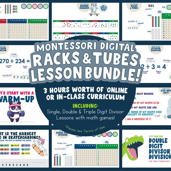 Montessori Digital Division Lesson BUNDLE | Racks and Tubes Material | Montessori Online Math Curriculum | Math Help