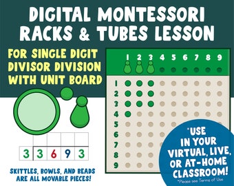 Montessori Digital Division Lesson | Racks and Tubes Single Digit Board | Montessori Online Math Curriculum | Google Slides & PowerPoint |