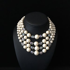 Vintage necklace, 4 strand necklace, Statement necklace, Statement jewelry. 1950s necklace, 19502 jewelry, Crystal and beaded necklace